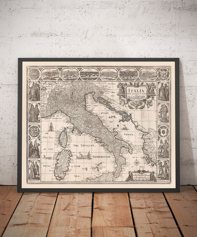 Old Monochrome Map of Italy, 1627 by John Speed - Corsica, Sardinia, Sicily, Venice, Rome, The Pope