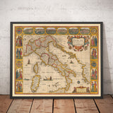 Old Handcoloured Map of Italy, 1627 by John Speed - Corsica, Sardinia, Sicily, Venice, Rome, The Pope