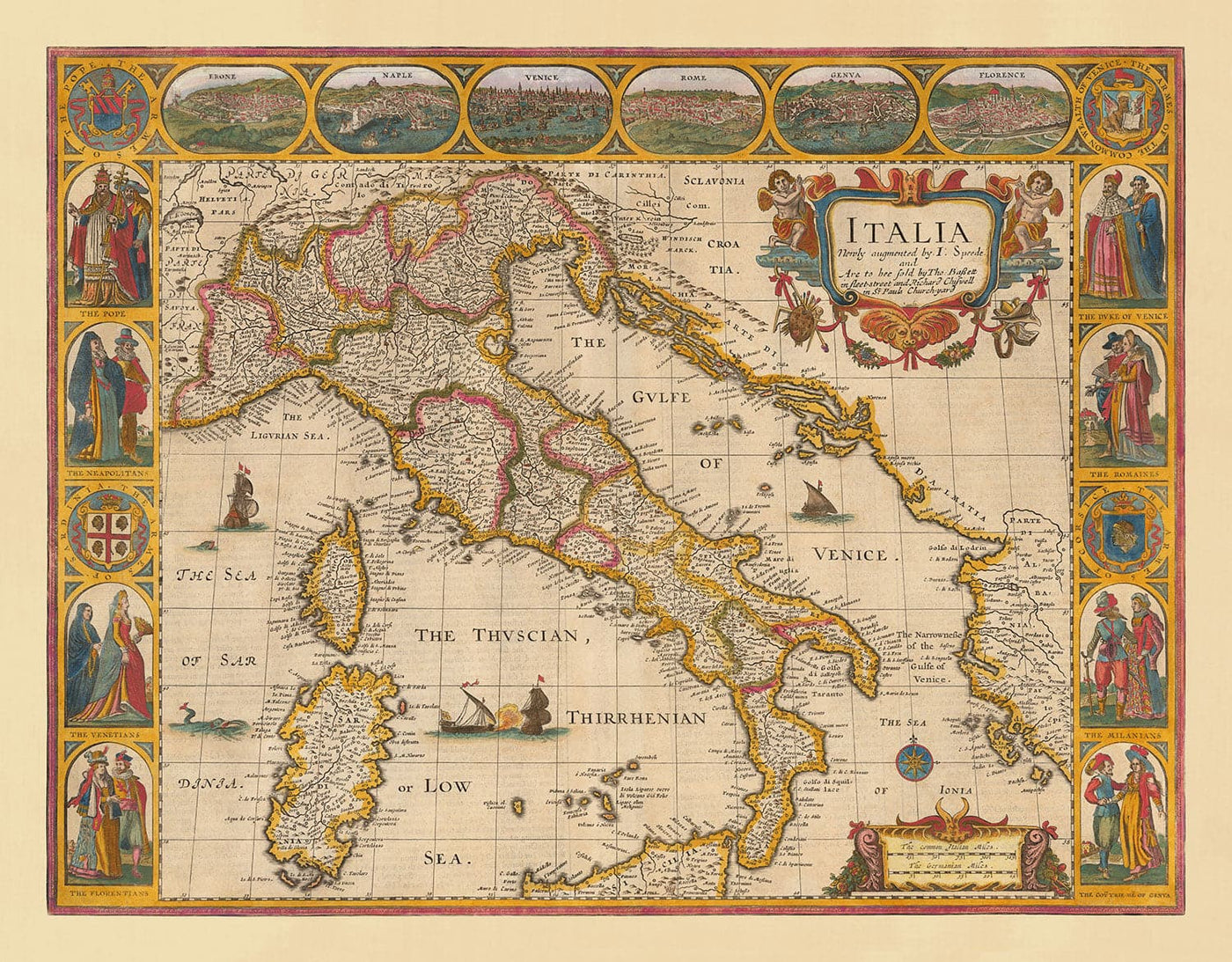 Old Handcoloured Map of Italy, 1627 by John Speed - Corsica, Sardinia, Sicily, Venice, Rome, The Pope