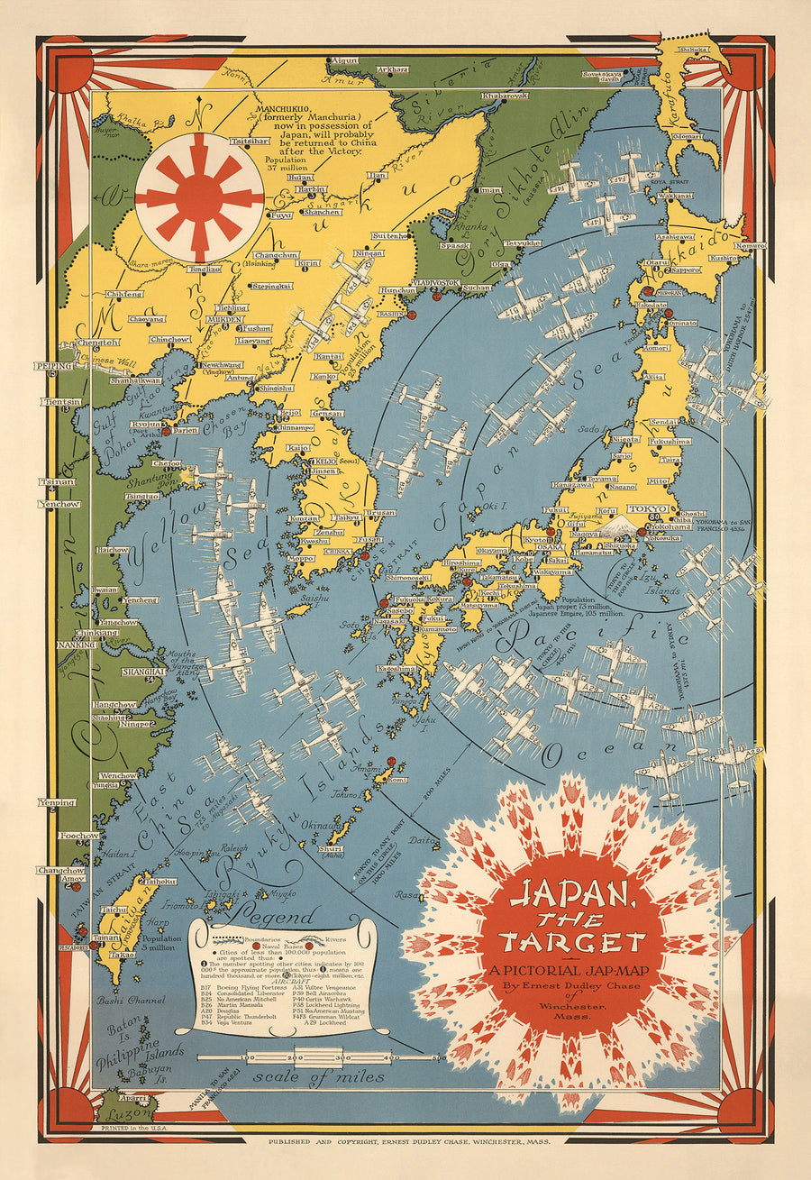 World War 2 "Japan the Target" Pictorial Map, 1942 by Ernest Dudley Chase - Illustrated Old WW2 Bombing Chart - China, Japan, Korea