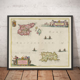 Old Map of Jersey and Guernsey, 1665 by Blaeu - English Channel Isles, Bailiwicks and Crown Dependencies, St Helier, Saint Peter Port
