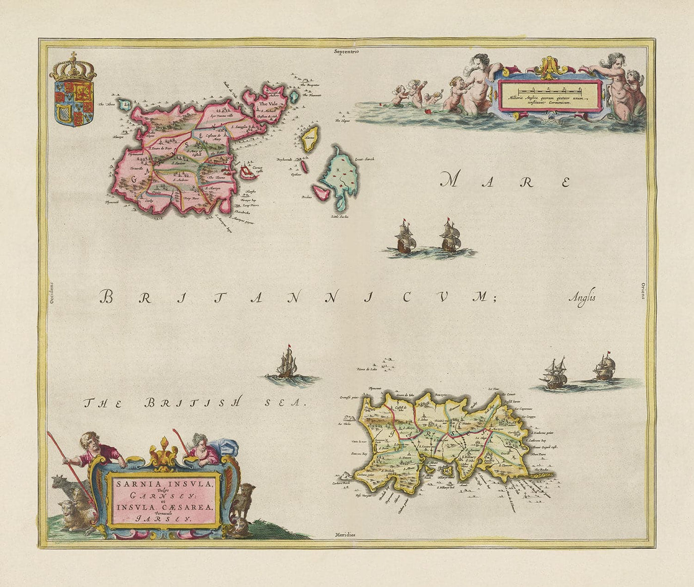 Old Map of Jersey and Guernsey, 1665 by Blaeu - English Channel Isles, Bailiwicks and Crown Dependencies, St Helier, Saint Peter Port