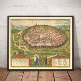 Vieille carte de Jérusalem, 1582 par Georg Braun - Juifs et Islam Vieille ville, Mont du temple, Murs de la ville, Tour de David, Jaffa Gate