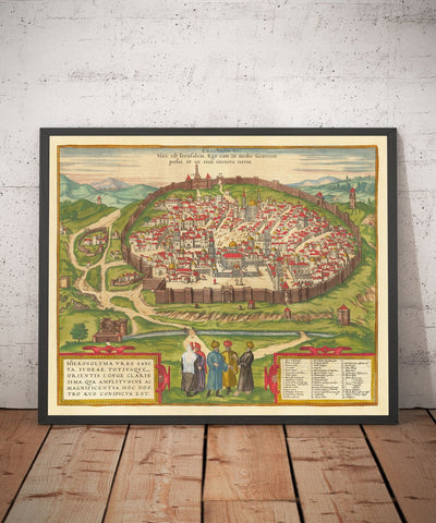 Old Map of Jerusalem, 1582 by Georg Braun - Jewish & Islam Old City, Temple Mount, City Walls, Tower of David, Jaffa Gate
