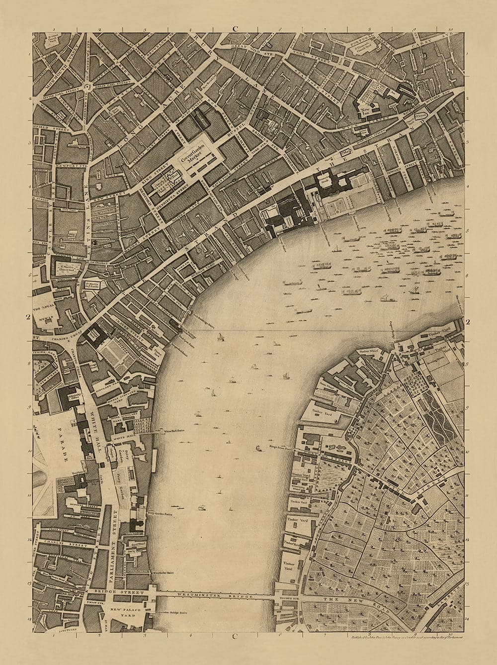 Old Map of London, 1746 by John Rocque - C2 - Somerset House Covent Garden Seven Dials Waterloo, Charring Cross, Westminster Lambeth