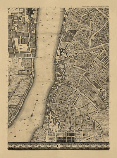 Old Map of London, 1746 by John Rocque, C3 - Lambeth, Vauxhall, Westminster, Parliament, Millbank, Kennington, Marshes