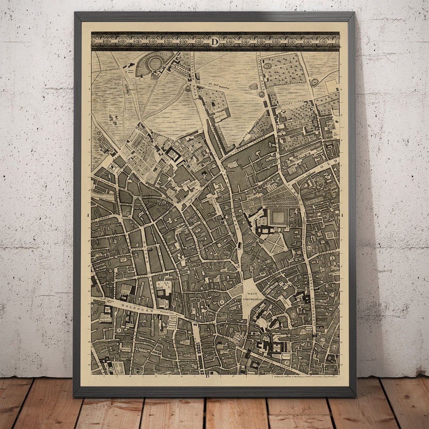 Mapa antiguo de Londres, 1746 por John Rocque, D1 - Holborn, Clerkenwell, Farringdon, Barbican, Westminster, City of London, Smithfield Market