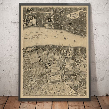 Alte Karte von London, 1746 von John Rocque - D2 - St Pauls Kathedrale, Blackfriars, Southbank, Bankside,. Fleet Street, Temple, Upper Ground 