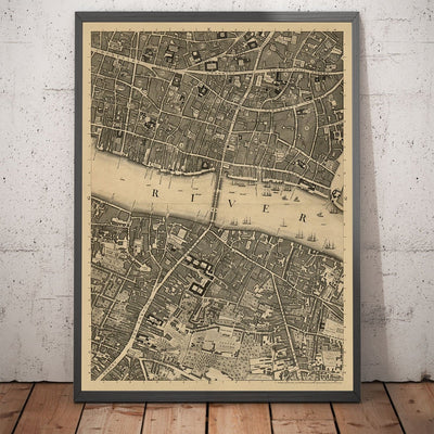Old Map of London, 1746 by John Rocque, E2 - London Bridge, City of London, Borough, Bermondsey, Monument, Cannon, Bank