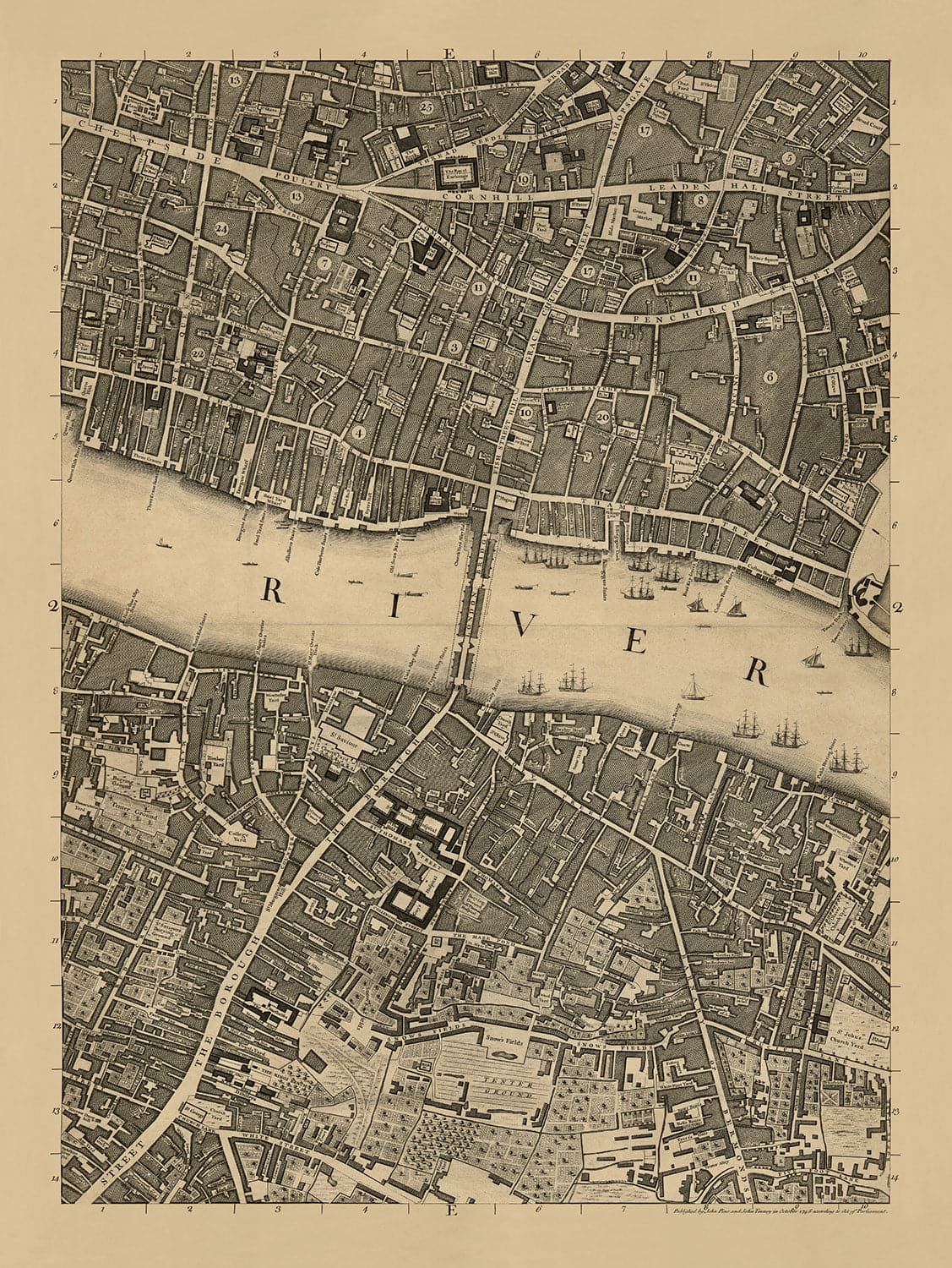 Old Map of London, 1746 by John Rocque, E2 - London Bridge, City of London, Borough, Bermondsey, Monument, Cannon, Bank