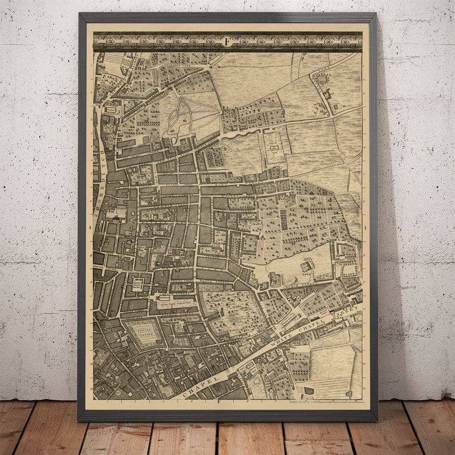 Mappa antica di Londra 1746 di John Rocque - F1 - Shoreditch, Spitalfields, Brick Lane, Whitechapel, East London, Hackney, Tower Hamlets, E1 