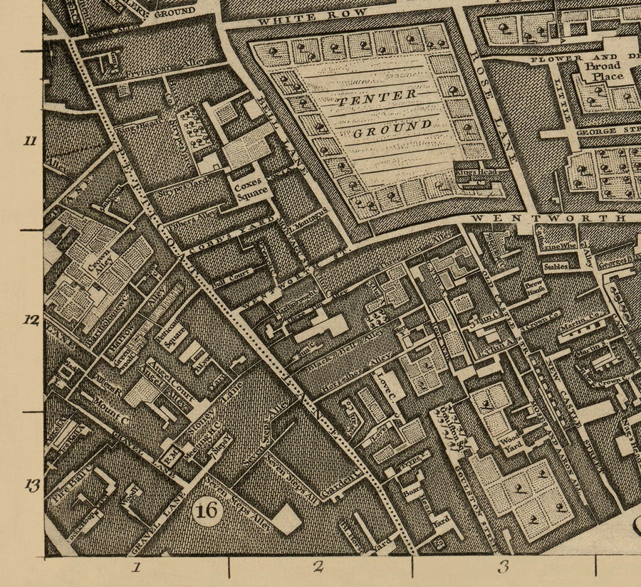 Mappa antica di Londra 1746 di John Rocque - F1 - Shoreditch, Spitalfields, Brick Lane, Whitechapel, East London, Hackney, Tower Hamlets, E1 
