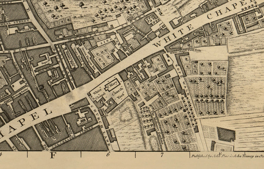 Mappa antica di Londra 1746 di John Rocque - F1 - Shoreditch, Spitalfields, Brick Lane, Whitechapel, East London, Hackney, Tower Hamlets, E1 