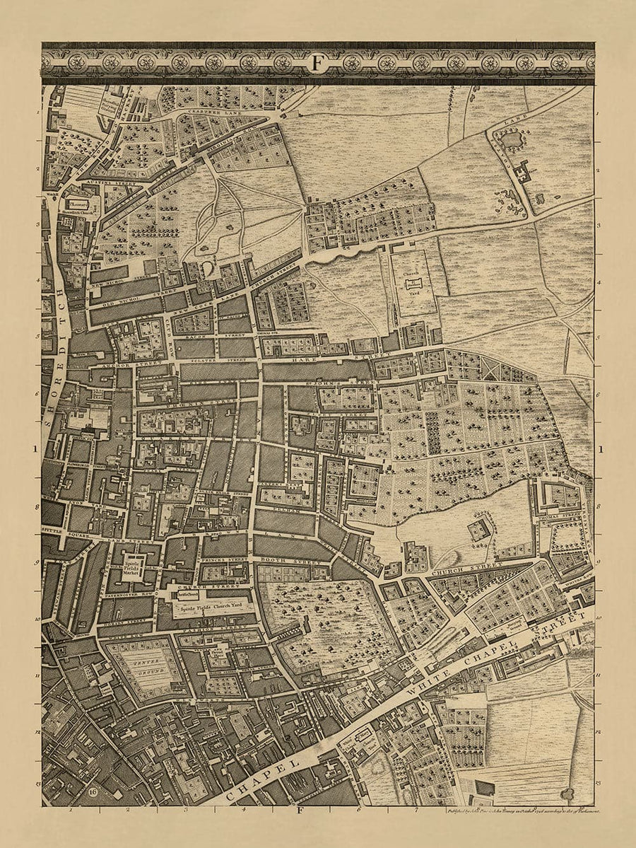 Mappa antica di Londra 1746 di John Rocque - F1 - Shoreditch, Spitalfields, Brick Lane, Whitechapel, East London, Hackney, Tower Hamlets, E1 