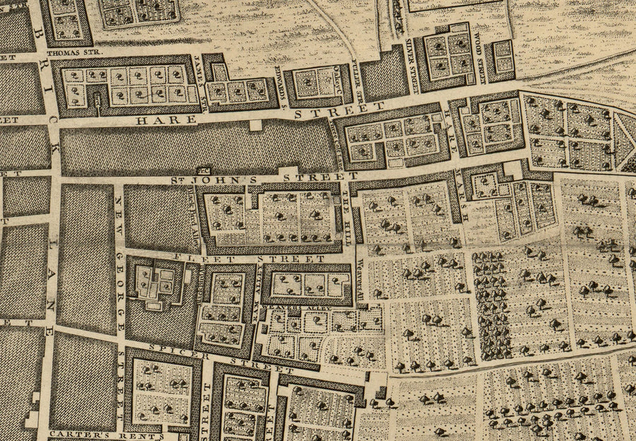 Mappa antica di Londra 1746 di John Rocque - F1 - Shoreditch, Spitalfields, Brick Lane, Whitechapel, East London, Hackney, Tower Hamlets, E1 