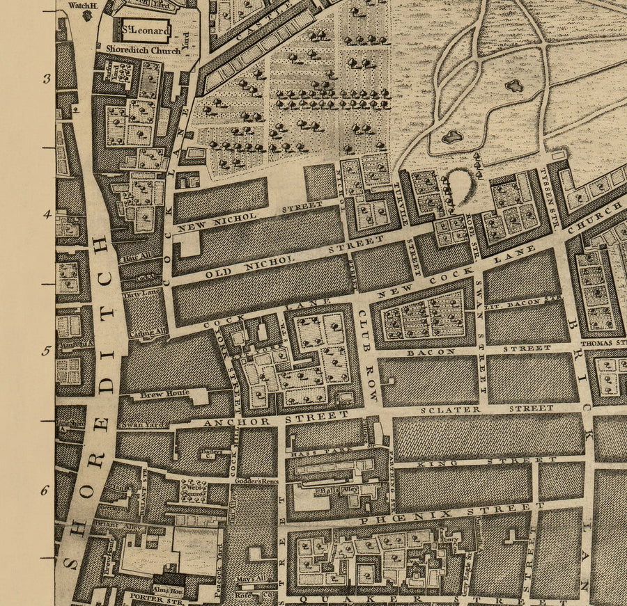 Mappa antica di Londra 1746 di John Rocque - F1 - Shoreditch, Spitalfields, Brick Lane, Whitechapel, East London, Hackney, Tower Hamlets, E1 