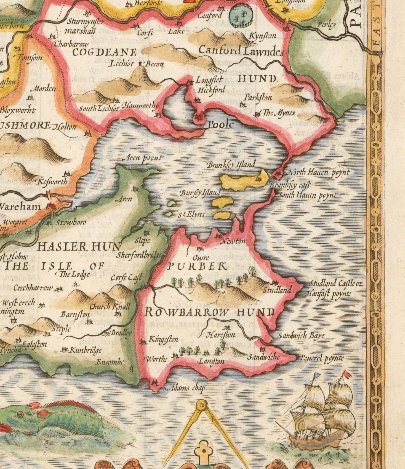 Old Map of Dorset in 1611 by John Speed - Poole, Weymouth, Dorchester, Bridport