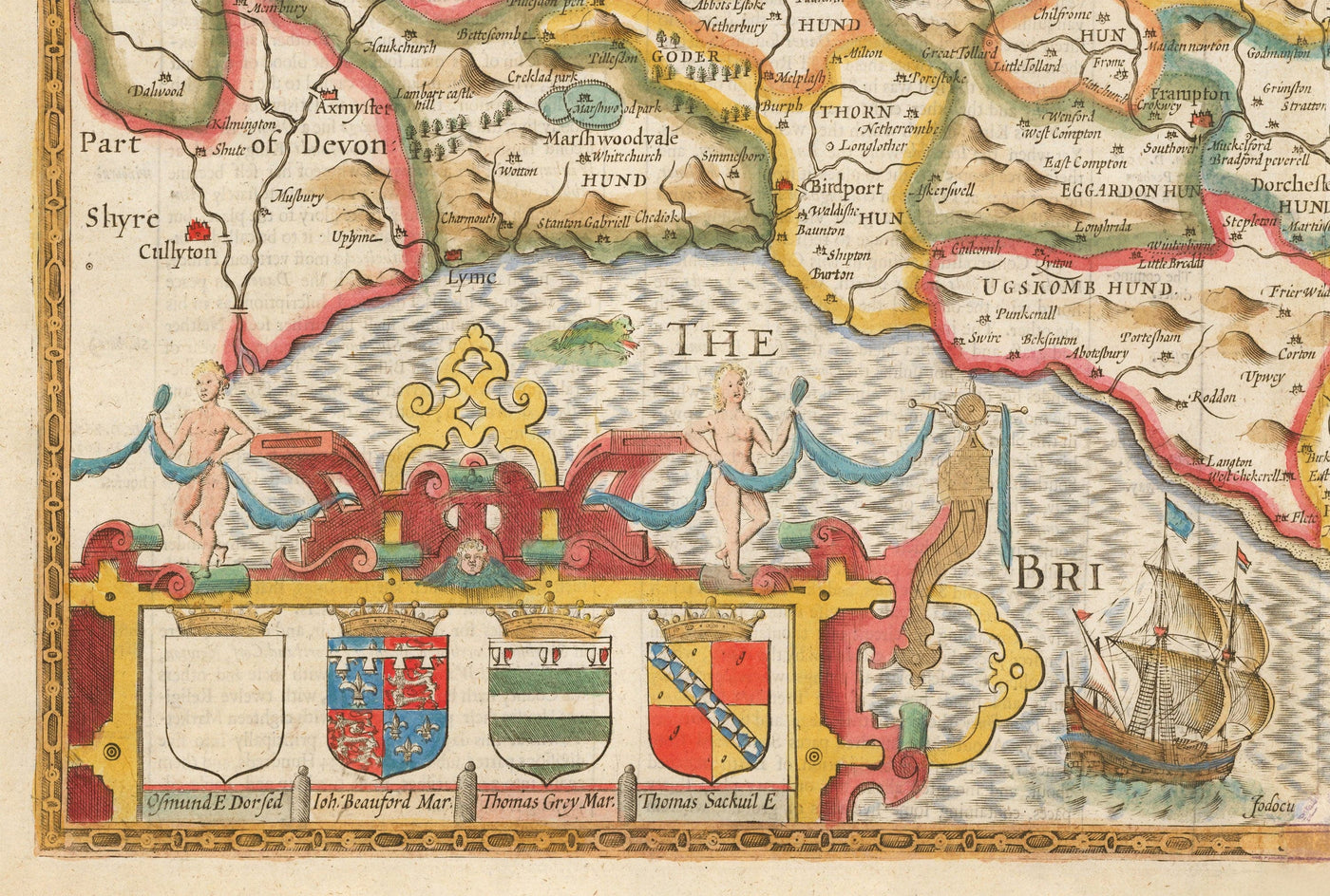 Old Map of Dorset in 1611 by John Speed - Poole, Weymouth, Dorchester, Bridport