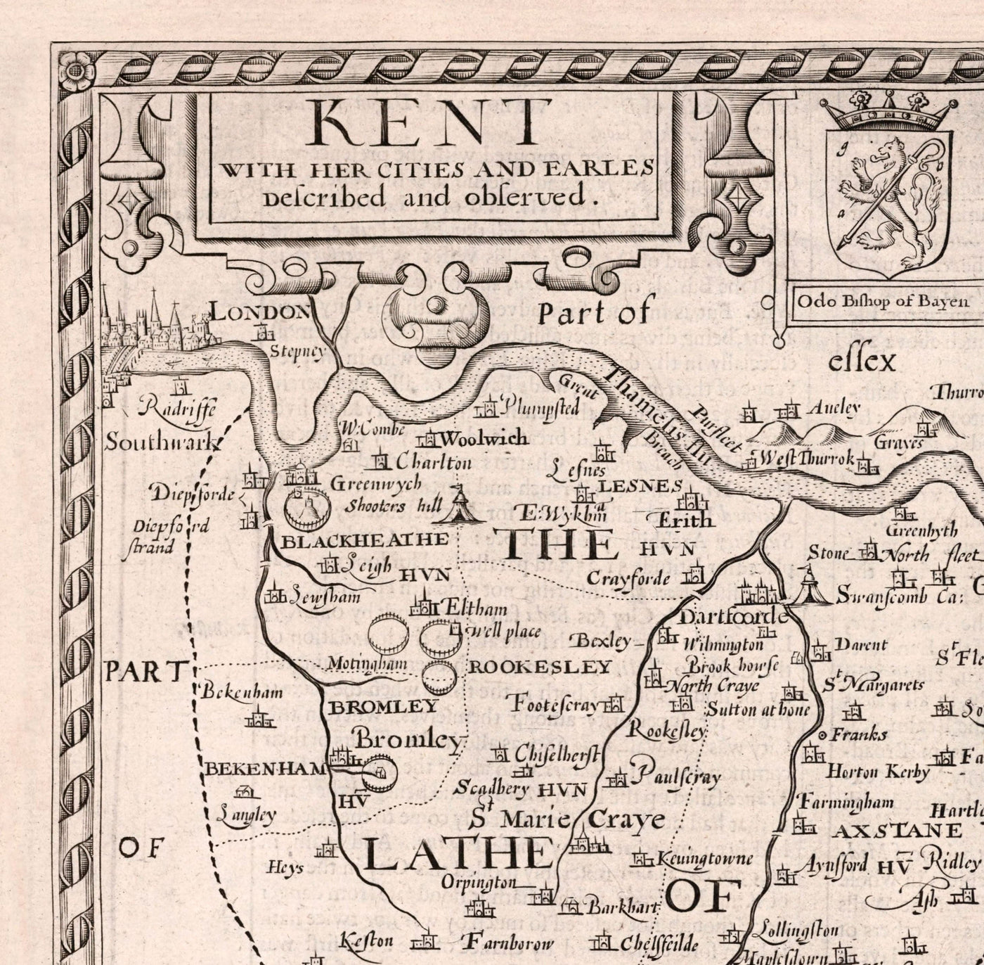 Old Map of Kent, 1611 by John Speed - Canterbury, Maidstone, Bromley, Tunbridge, Margate