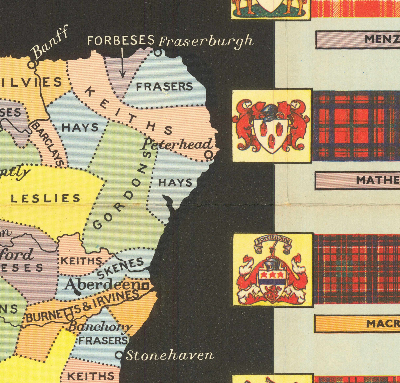 Old Map of Scotland Clans and Tartans - Johnston's Highlands & Lowlands Scottish Chart
