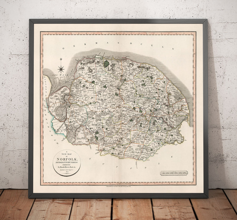 Antica mappa del Norfolk nel 1807 di John Cary - Norwich, Cromer, Great Yarmouth, Thetford, King&