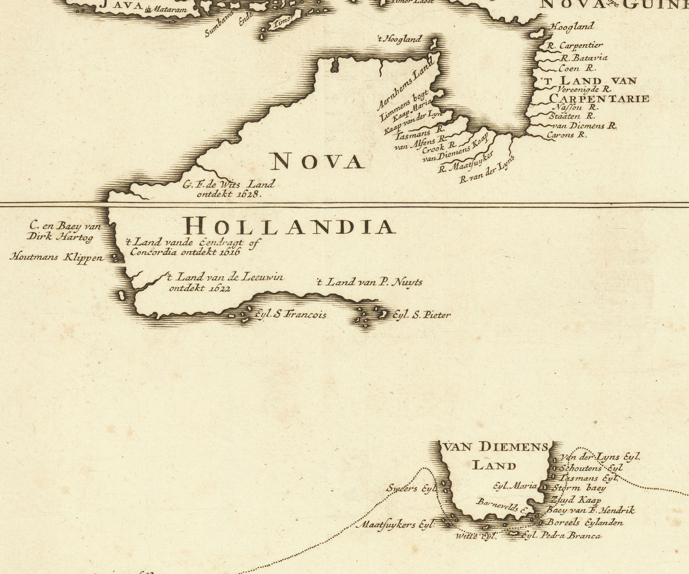 Old Historical Map of New Holland in 1726 by Francois Valentijn - Abel Tasman, Australia, New Zealand, Borneo, New Guinea