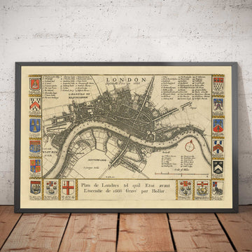 Mappa antica prima del Grande Incendio di Londra, 1667 di Blome - Abbazia di Westminster, Scotland Yard, Charring Cross, Ponte di Londra 