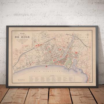 Ancienne carte de Nice, France en 1882 par Francois Aune - French Riviera, Côte d&