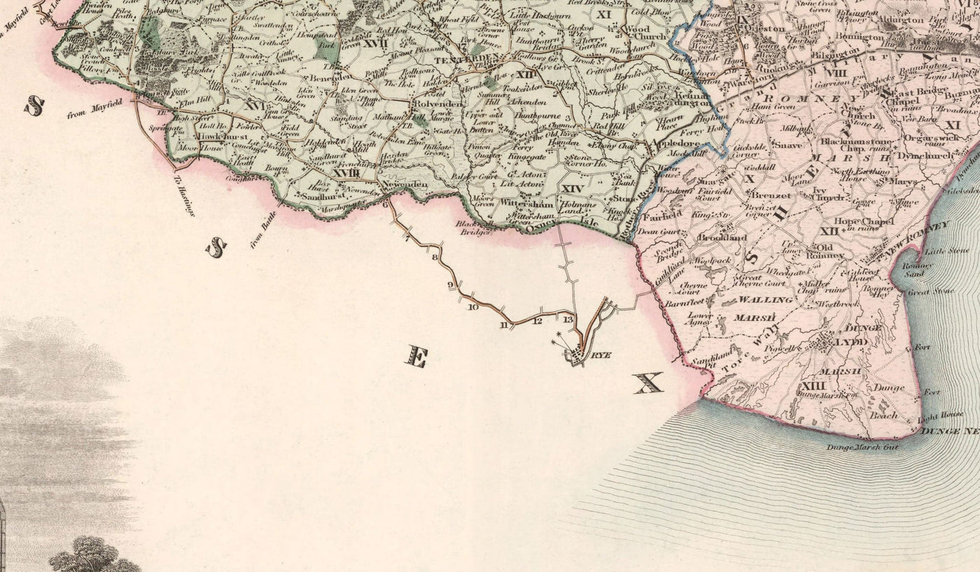 Old Map of Kent, 1829 by Greenwood & Co. - Canterbury, Maidstone, Bromley, Tunbridge, Margate