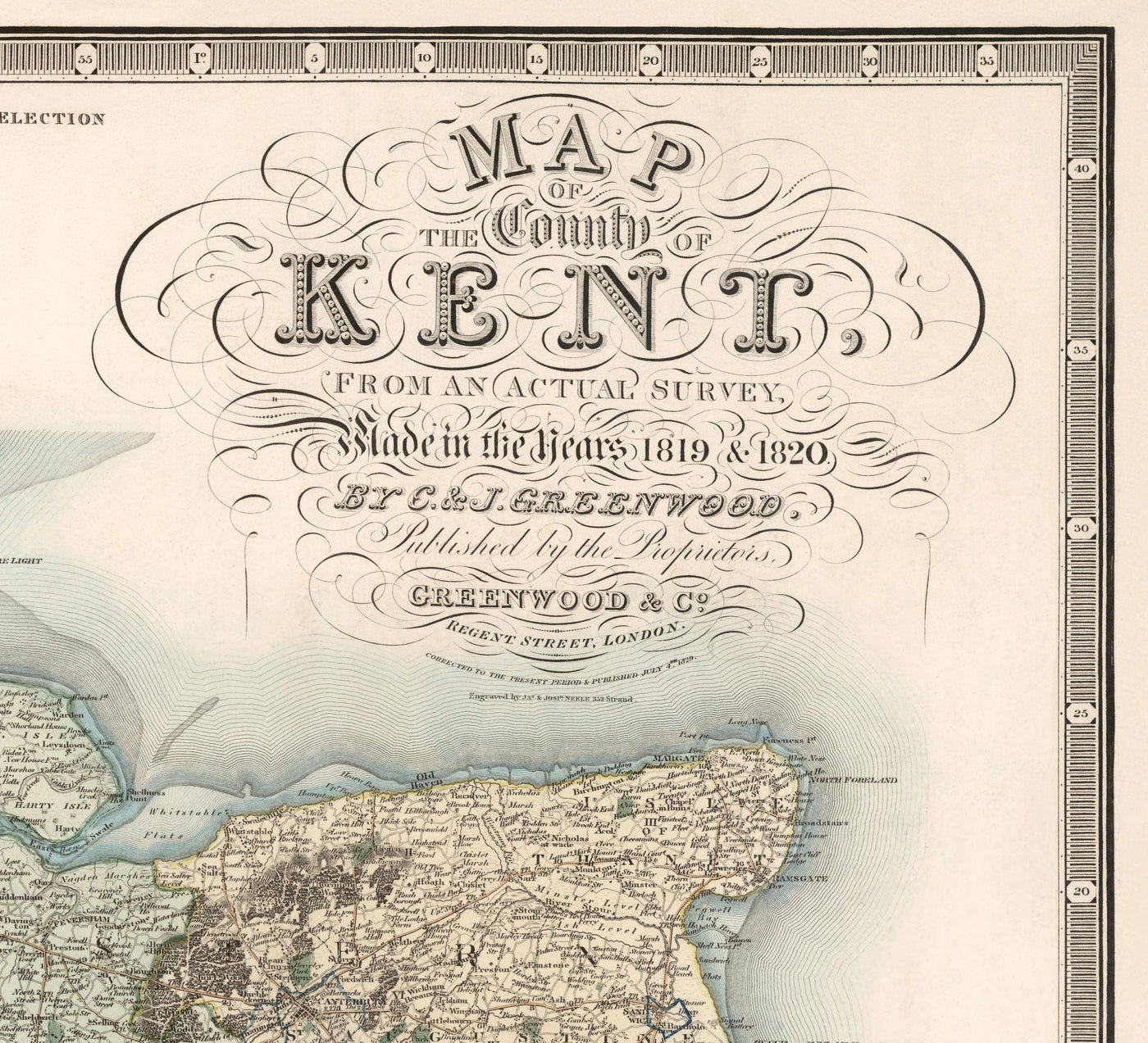 Old Map of Kent, 1829 by Greenwood & Co. - Canterbury, Maidstone, Bromley, Tunbridge, Margate