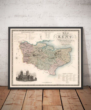 Mapa antiguo de Kent, 1829 por Greenwood & Co. - Canterbury, Maidstone, Bromley, Túnbridge, Margate