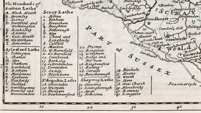 Old Map of Kent 1724, Herman Moll - Dartford, Maidstone, Bromley, Tunbridge, Gillingham, Chatham