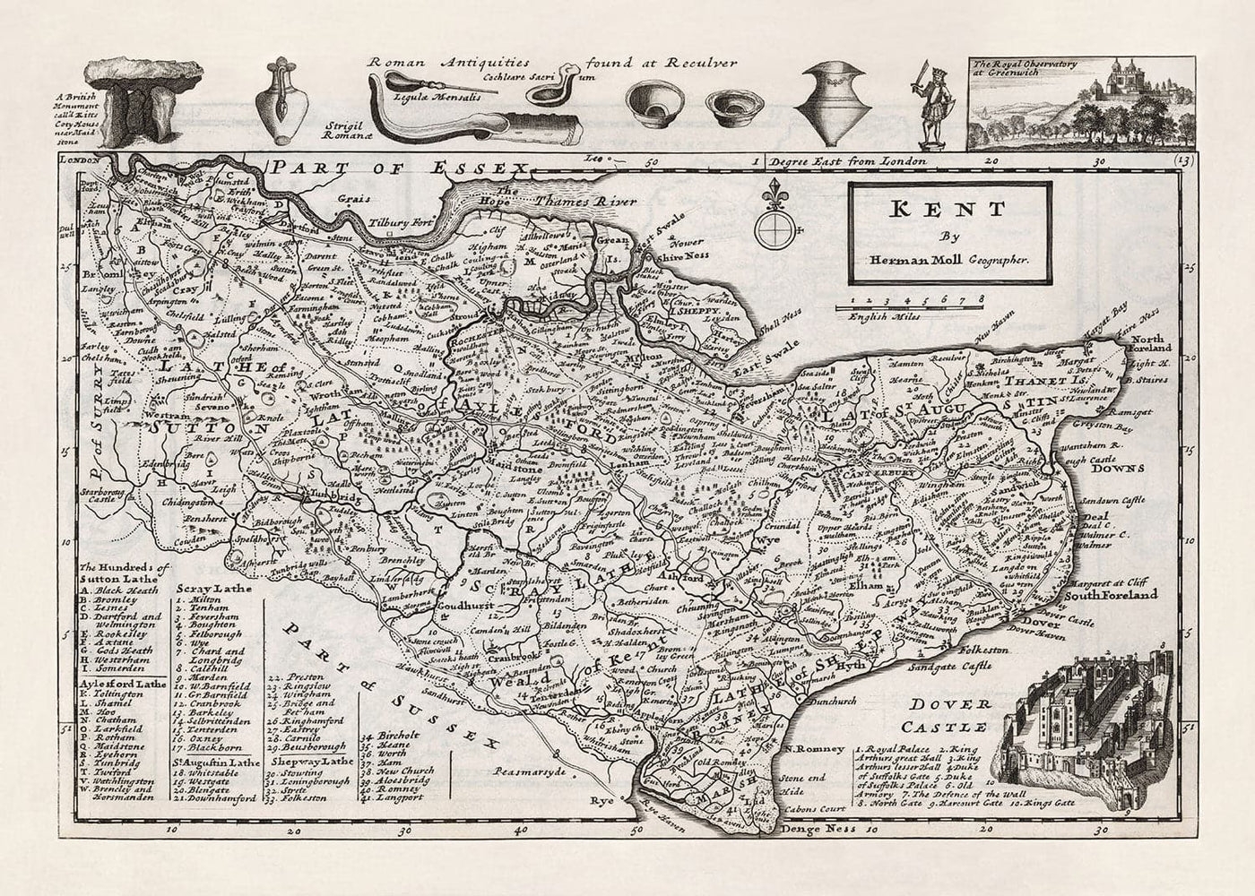 Old Map of Kent 1724, Herman Moll - Dartford, Maidstone, Bromley, Tunbridge, Gillingham, Chatham