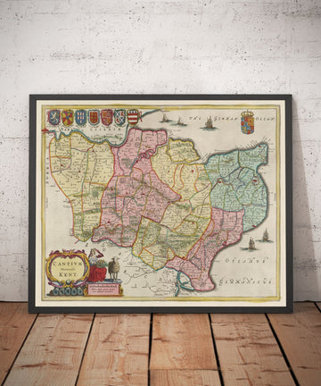 Mapa antiguo de Kent en 1665 por Joan Blaeu - Canterbury, Maidstone, Bromley, Túnbridge, Margate, Dartford