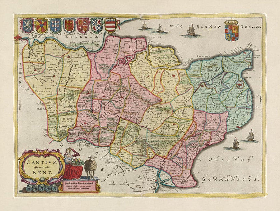 Antica mappa del Kent nel 1665 di Joan Blaeu - Canterbury, Maidstone, Bromley, Tunbridge, Margate, Dartford 
