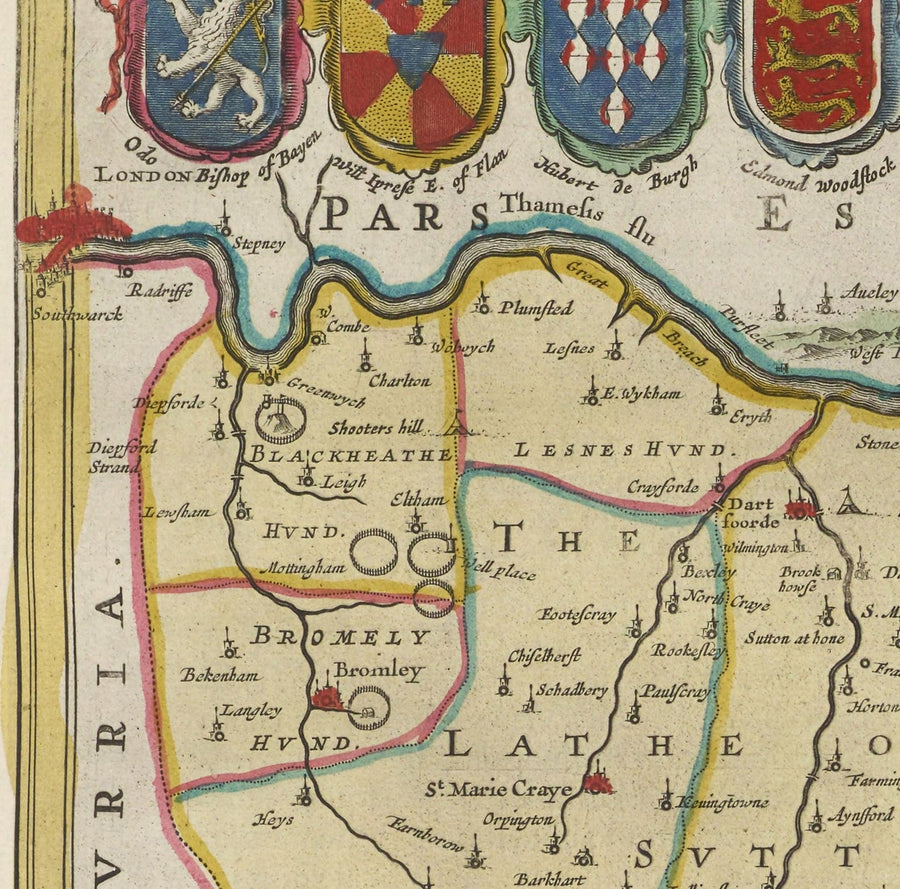 Antica mappa del Kent nel 1665 di Joan Blaeu - Canterbury, Maidstone, Bromley, Tunbridge, Margate, Dartford 