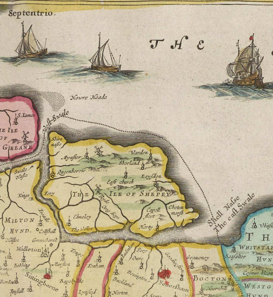 Antica mappa del Kent nel 1665 di Joan Blaeu - Canterbury, Maidstone, Bromley, Tunbridge, Margate, Dartford 