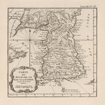 Old Map of Korea in 1764 by Bellin - North, South, Seoul, Pyongyang, Peninsula, Joseon Dynasty, Busan, Daegu
