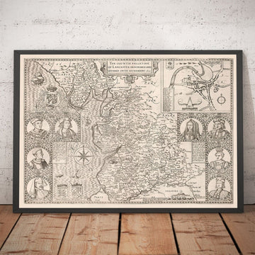 Mapa antiguo de Lancashire, 1611 por John Speed - Manchester, Liverpool, Preston, Blackburn, Burnley, Windermere 