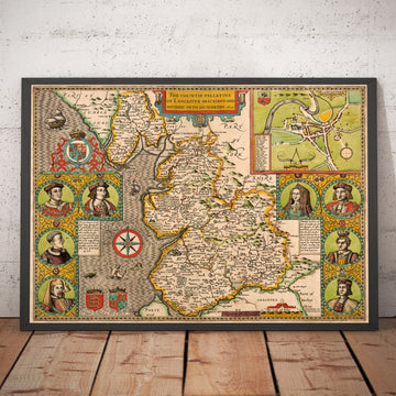 Alte Karte von Lancashire im Jahr 1611 von John Speed - Manchester, Liverpool, Preston, Blackburn, Windermere 
