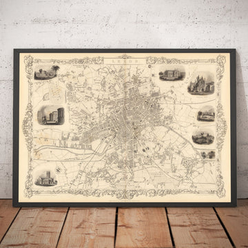 Rara mappa antica di Leeds nel 1851 di John Rapkin 