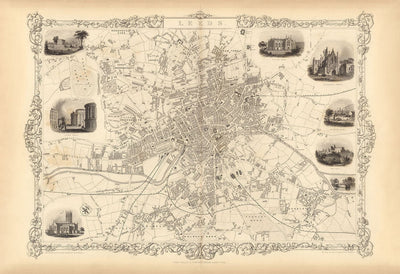 Rare Old Map of Leeds in 1851 by John Rapkin