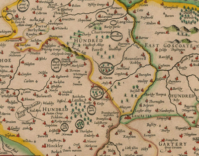 Old Map of Leicestershire in 1611 by John Speed - Leicester, Loughborough, Hinckley, Wigston