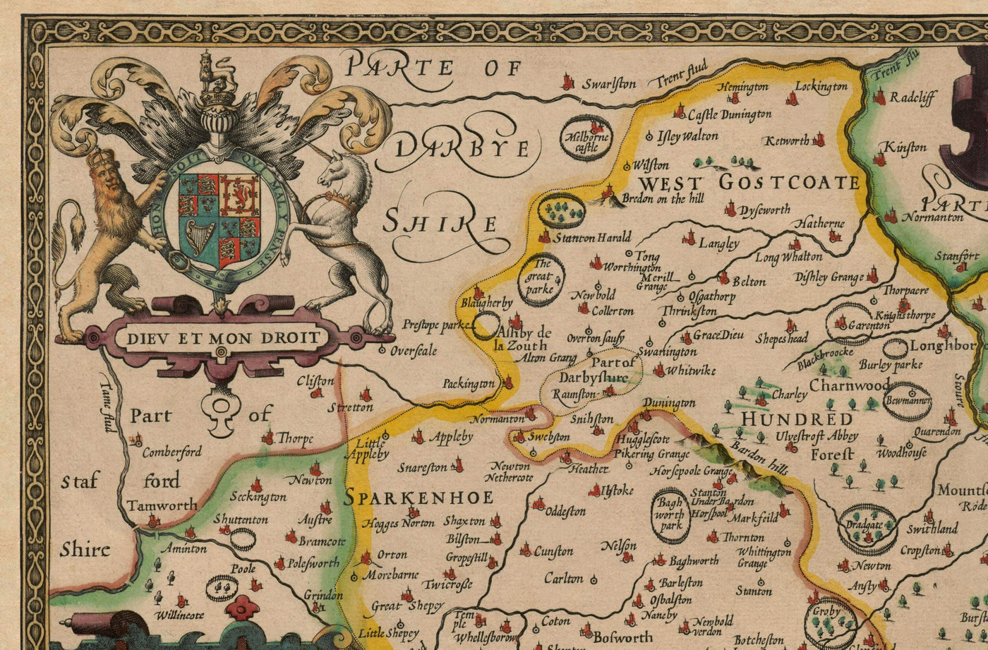Old Map of Leicestershire in 1611 by John Speed - Leicester, Loughborough, Hinckley, Wigston