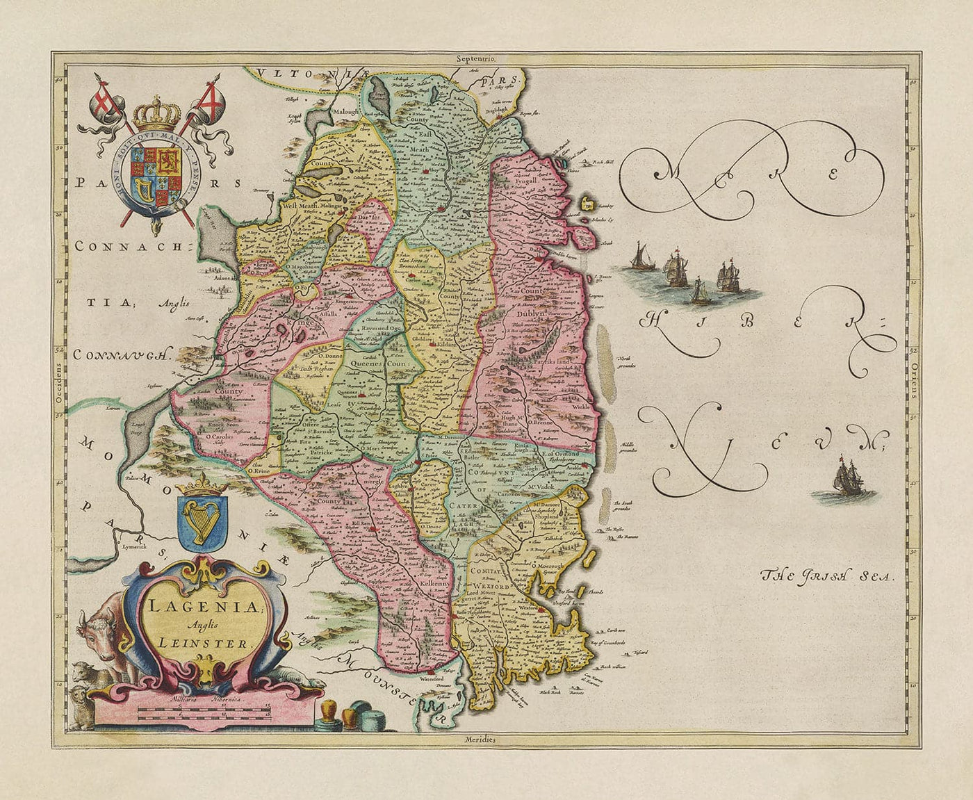 Old Map of Leinster, Ireland in 1665 by Joan Blaeu - County Dublin, Kilkenny, Meath, Drogheda Swords, Waterford, East Eire