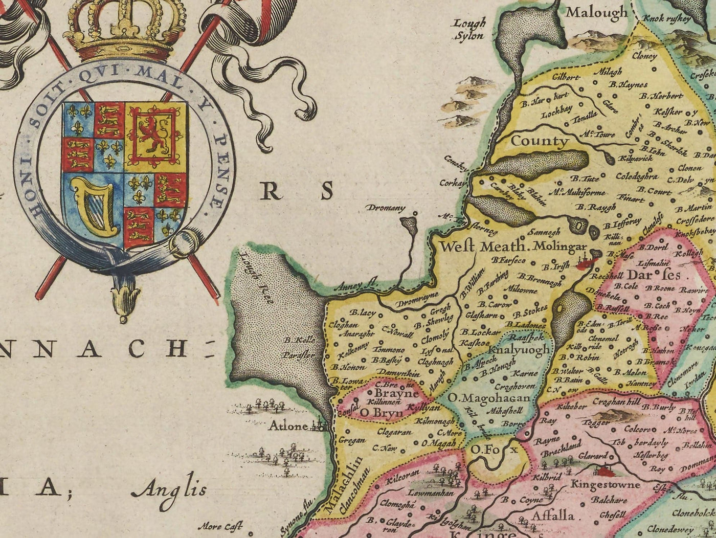 Old Map of Leinster, Ireland in 1665 by Joan Blaeu - County Dublin, Kilkenny, Meath, Drogheda Swords, Waterford, East Eire