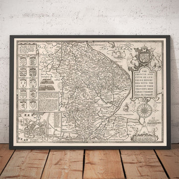 Vieille carte monochrome de Lincolnshire en 1611 à la vitesse - Lincoln, Grimsby, Grantham, Boston, Scunthorpe, East Midlands