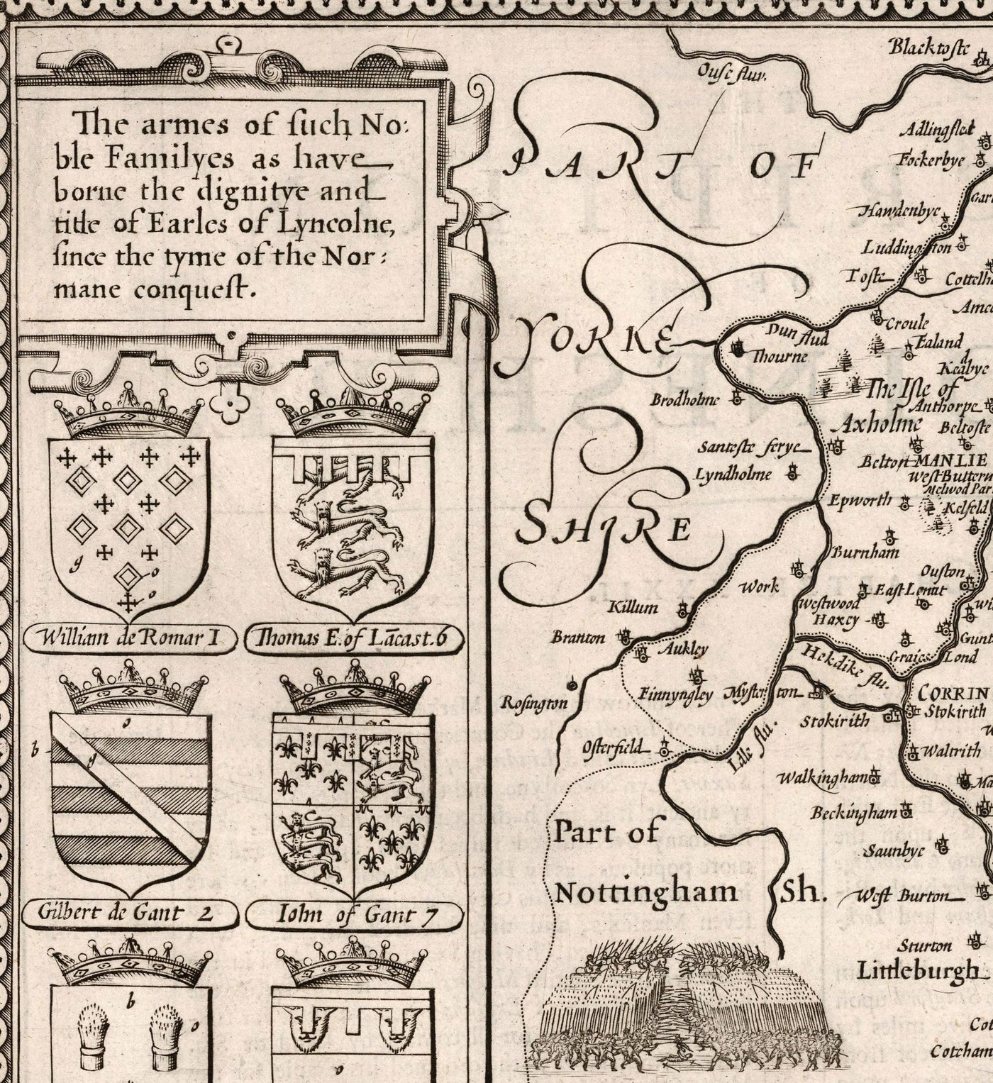 Old Monochrome Map of Lincolnshire in 1611 by Speed - Lincoln, Grimsby, Grantham, Boston, Scunthorpe, East Midlands