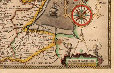 Old Map of Lincolnshire in 1611 by John Speed - Lincoln, Grimsby, Grantham, Boston