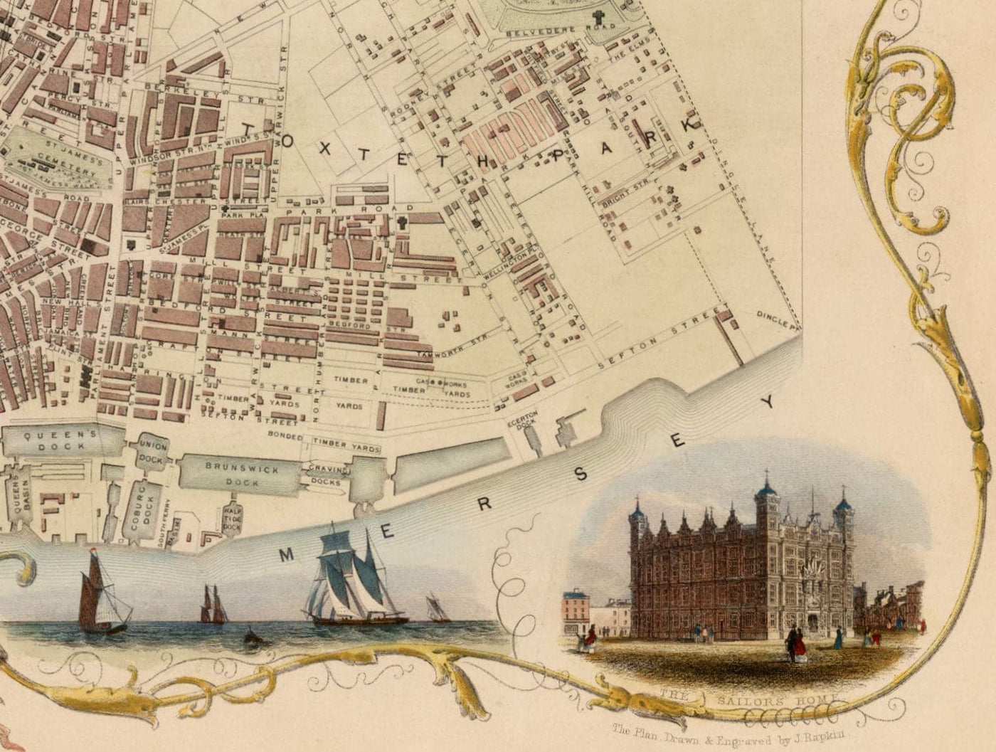 Old Colour Map of Liverpool by Tallis & Rapkin, 1851 - Docks, Mersey, City Centre